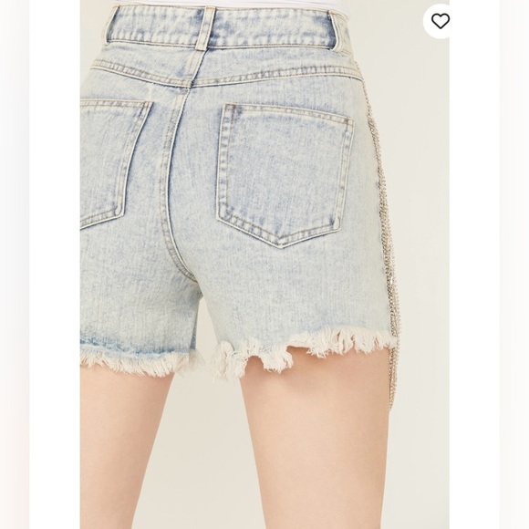 Denim blue b rhinestone fringe high waisted jean shorts - Picture 3 of 7